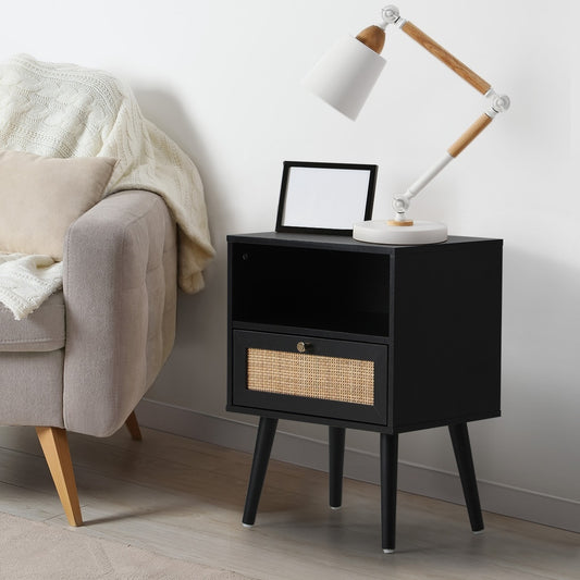 Set of 2 Rattan Bedside Tables with Storage Drawer and Shelf