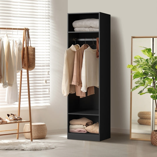 Black Open Wardrobe Shelf Unit with 3 Shelves and Hanging Rail