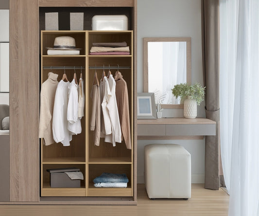 Natural Open Wardrobe Shelf Unit with 3 Shelves and Hanging Rail