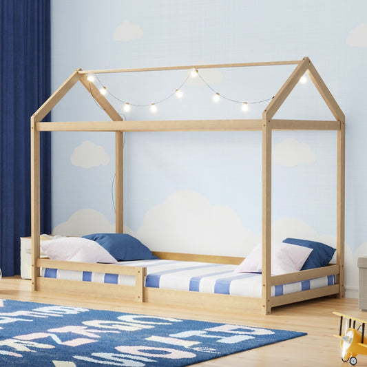 Natural Wooden Single Size Kids House Bed Frame with Fence