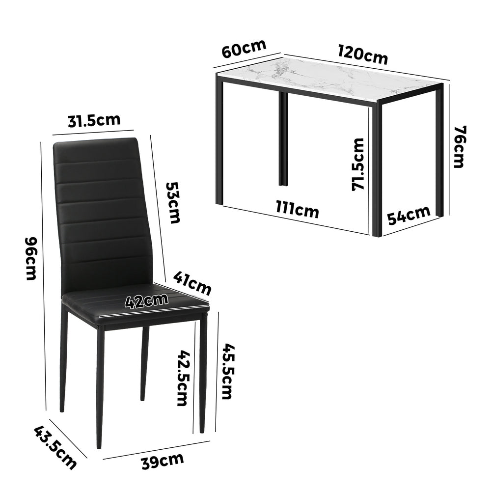 120cm White and Black Marble Rectangle Dining Table with 4 Dining Chairs