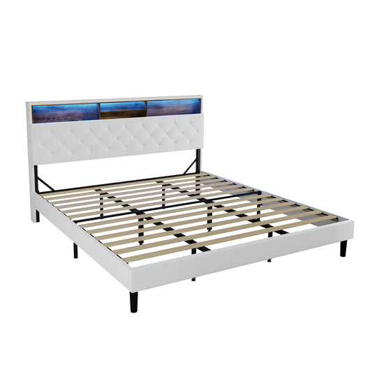King Size White Bed Frame with LED Storage Bedhead