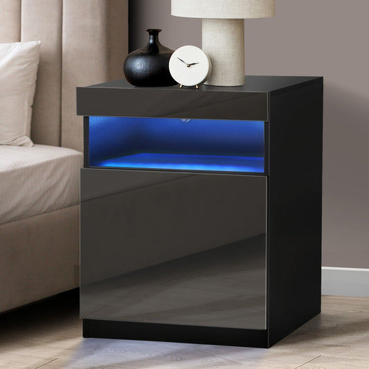 Black Bedside Table LED Nightstand with Shelf