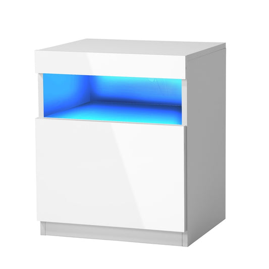 White Bedside Table LED Nightstand with Shelf