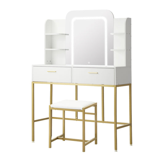 White and Gold Dressing Table and Stool Set with LED Mirror Vanity Desk