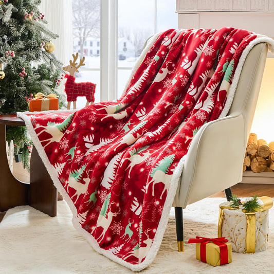 Christmas Throw Blanket Deer and Tree Pattern