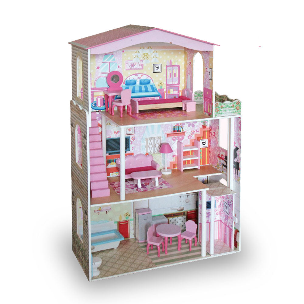 Large Wooden Dolls Doll House Pink Roof