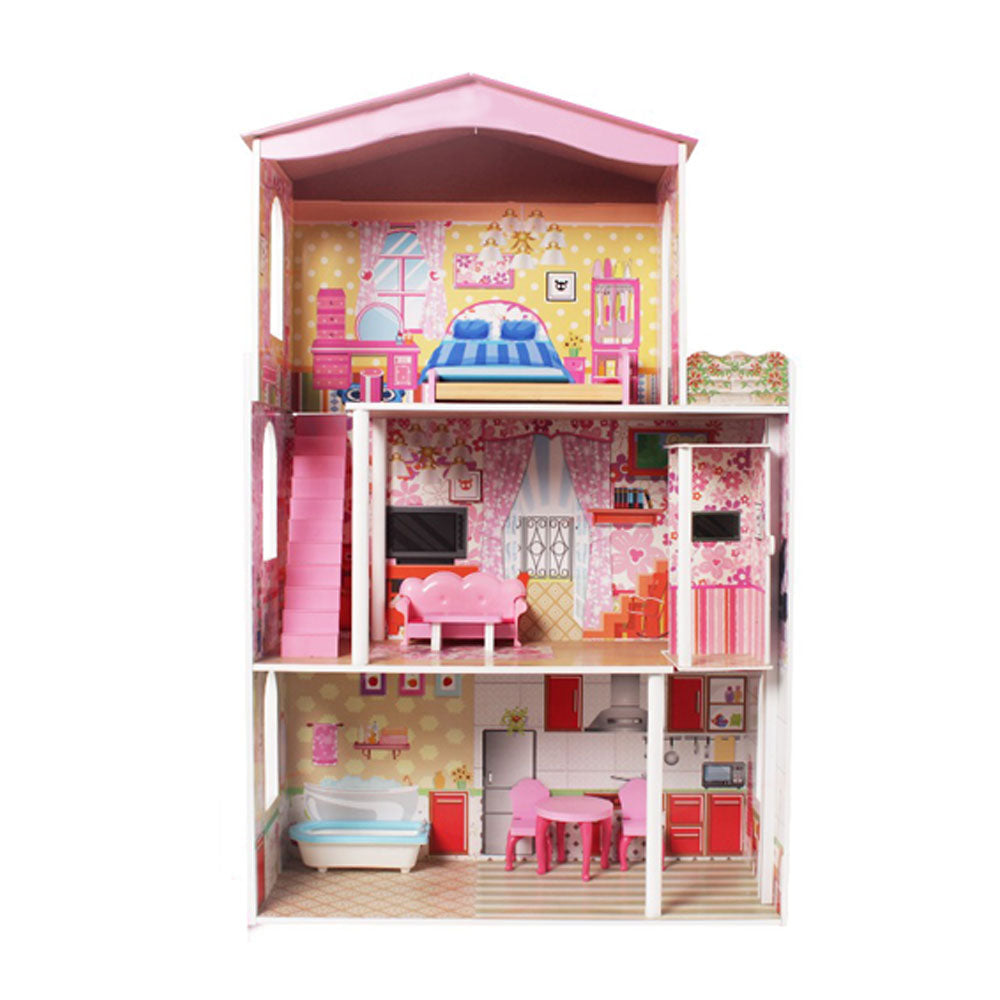 Large Wooden Dolls Doll House Pink Roof