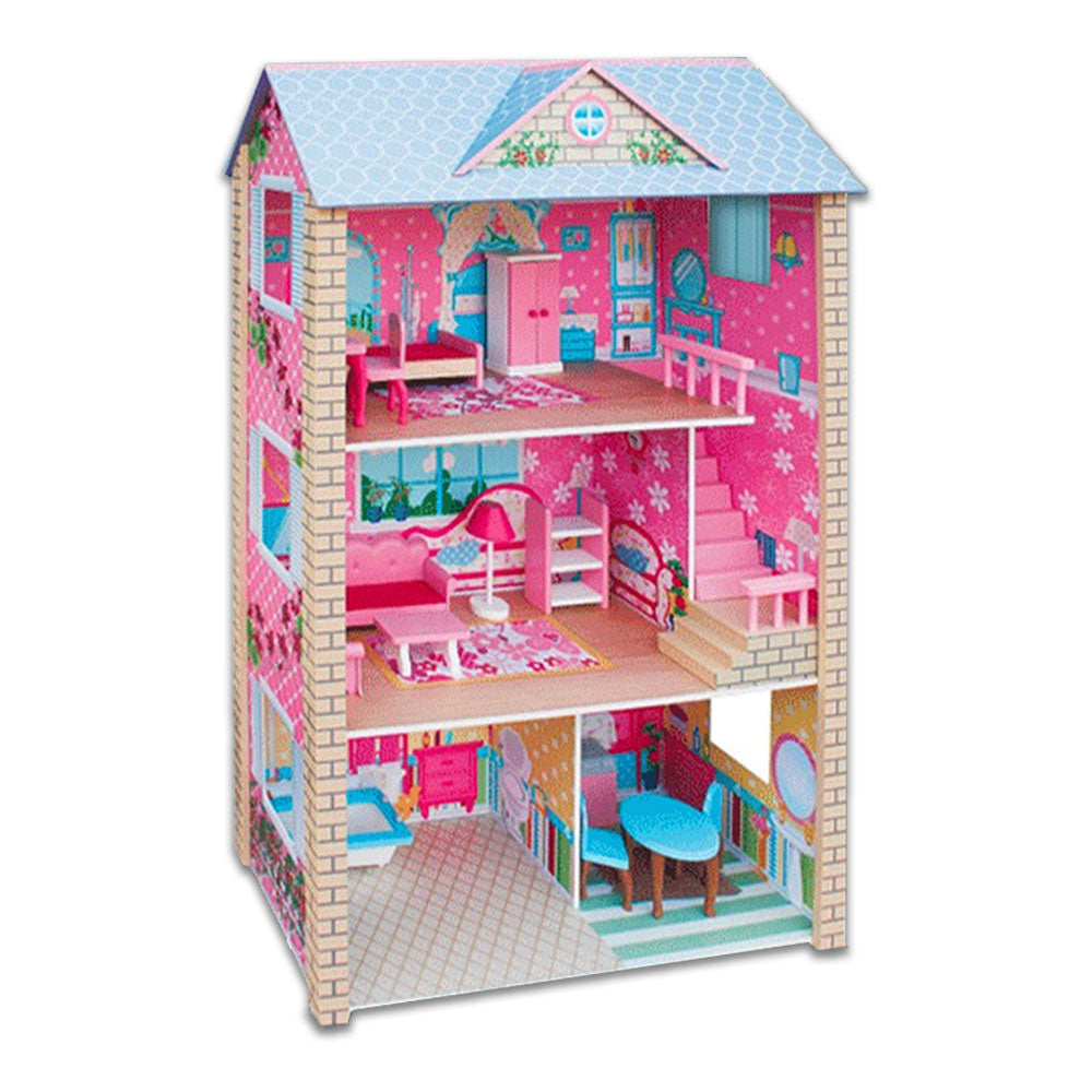 Large Wooden Dolls Doll House with Blue Roof