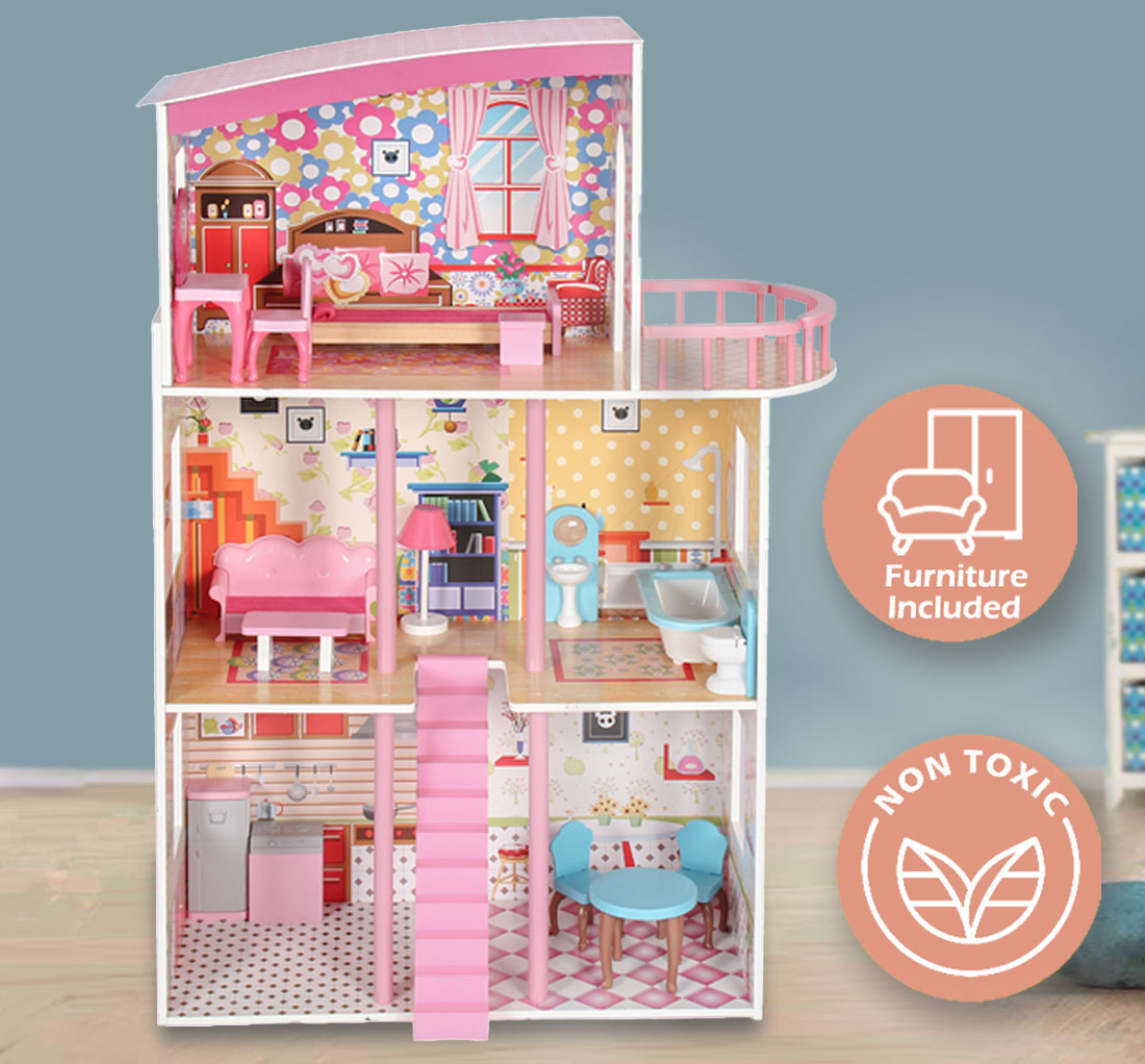 Large Wooden Girls Doll House Pink Balcony