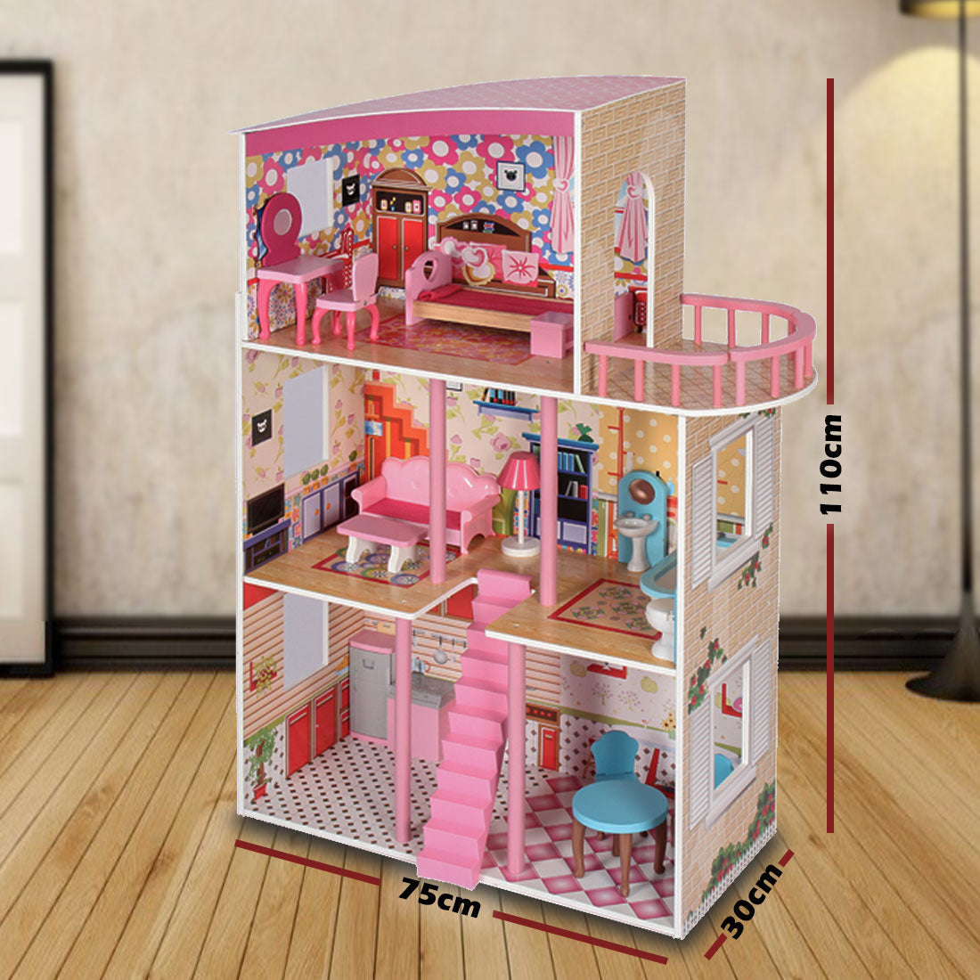 Large Wooden Girls Doll House Pink Balcony