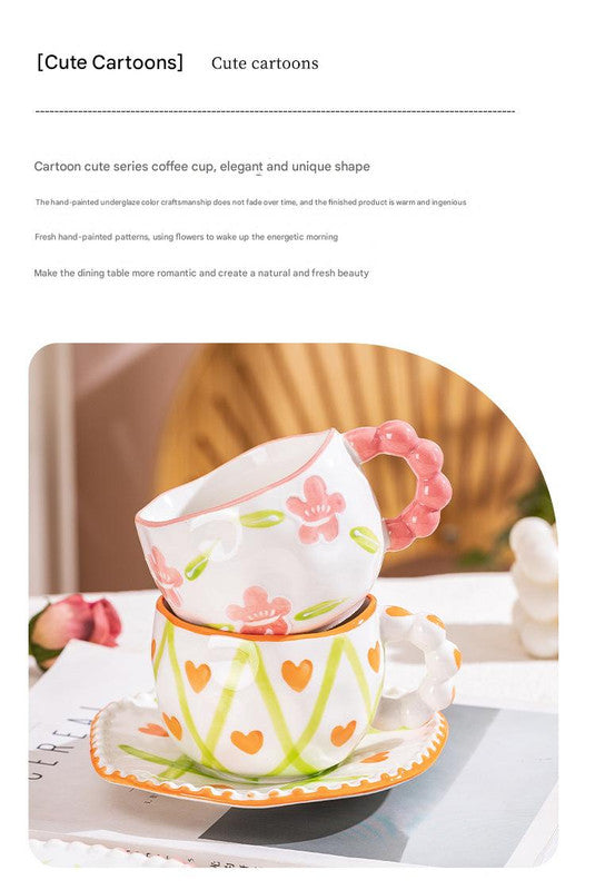 Hand-Painted Ceramic Coffee Mug and Saucer Set - Whimsical Afternoon Tea Cup with Spoon(White cloud-yellow)