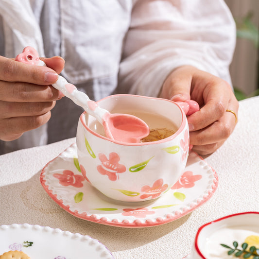 Pink Hand-Painted Ceramic Coffee Mug Saucer Set