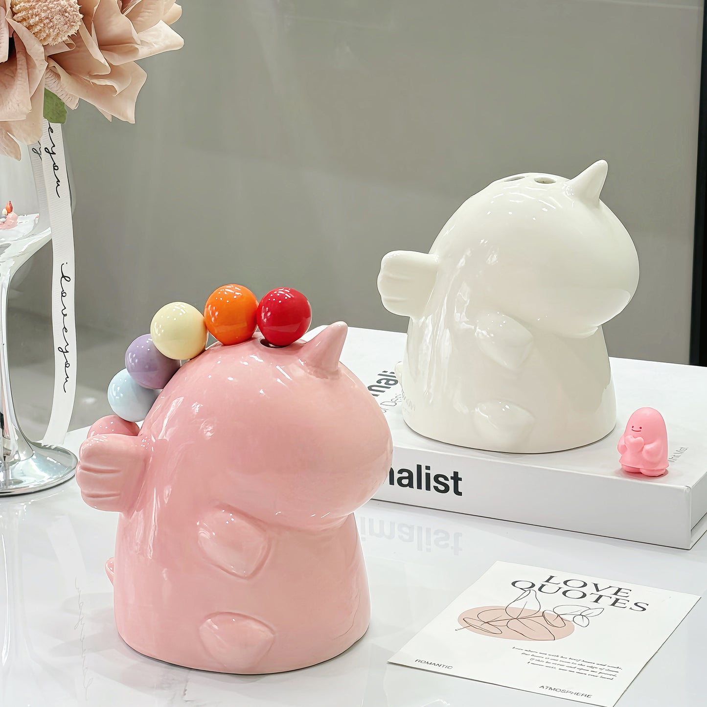 Pink Unicorn Ceramic Fruit Fork Holder Set