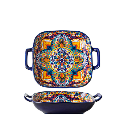 Kalia 9-Inch Bohemian Ceramic Double-Handled Square Plate