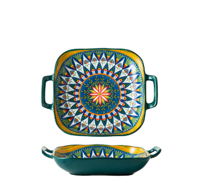 Ember 9-Inch Bohemian Ceramic Double-Handled Square Plate