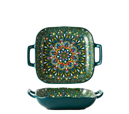 Emerald Plume 9-Inch Bohemian Ceramic Double-Handled Square Plate
