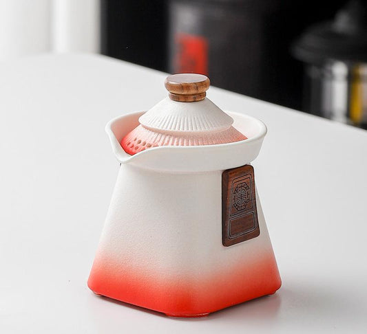 Artisan Ceramic Tea Pot with Strainer (White+red)