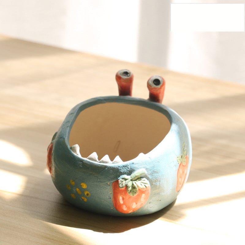 Blue Whimsical Monster Ceramic Succulent Planter - Hand-Painted Character Pot with Drainage
