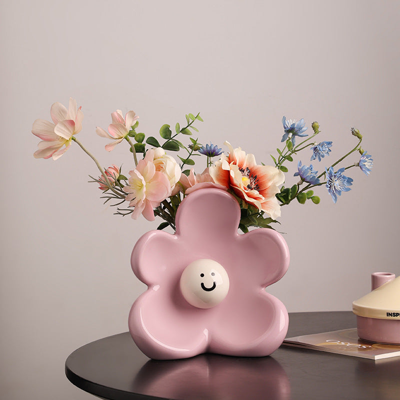 Artistic Floral Smiling Face Vase - Modern Ceramic Decor with Gloss Finish(lemon-yellow)