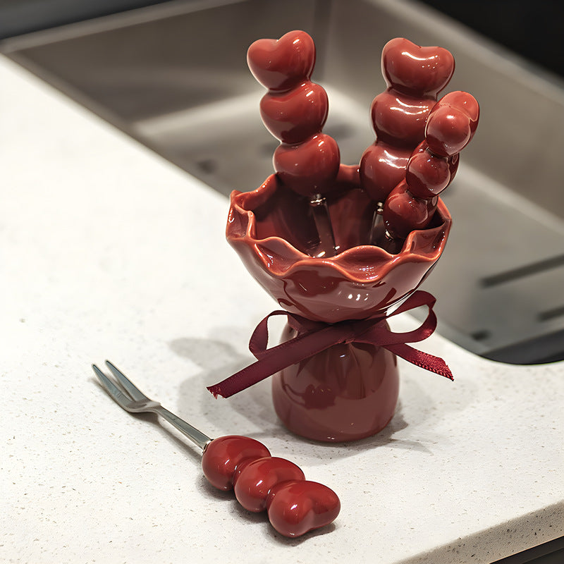 Red Dessert Fruit Forks Ceramic Jar